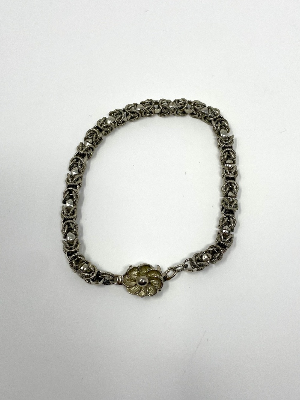 Vintage JAPAN Chunky Byzantine Bracelet Silver Tone Floral Clasp 9"